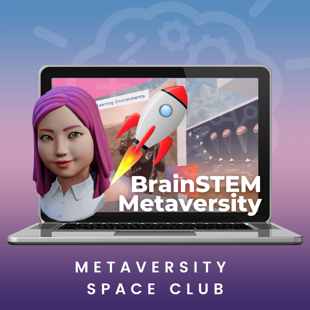 Metaversity Space Club laptop with avatar and rocket ship