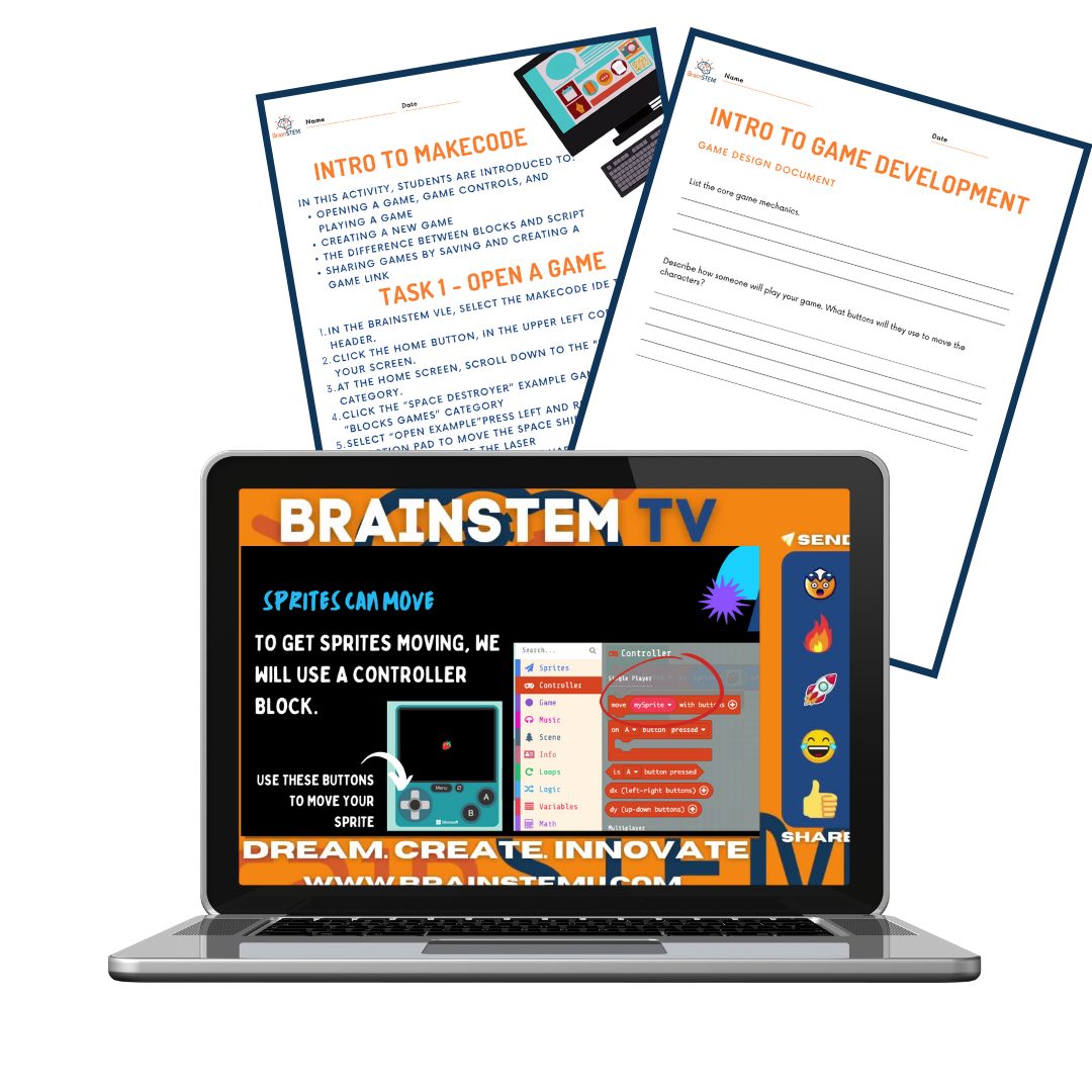 Example of Code4Gold intro to coding curriculum worksheets and on-demand video on a laptop